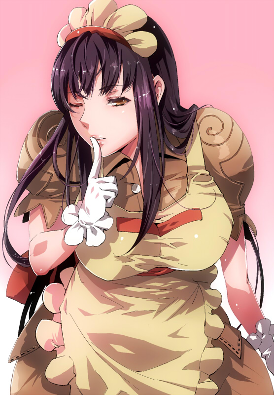 1girl apron black_hair blush breasts brown_dress brown_eyes cevoy commentary_request cowboy_shot dress finger_to_mouth frilled_apron frills gloves gradient_background index_finger_raised jasmine_(ragnarok_online) kafra_uniform large_breasts leaning_forward lips looking_at_viewer maid maid_headdress one_eye_closed pink_background puffy_short_sleeves puffy_sleeves ragnarok_online short_sleeves sidelocks solo white_background white_gloves