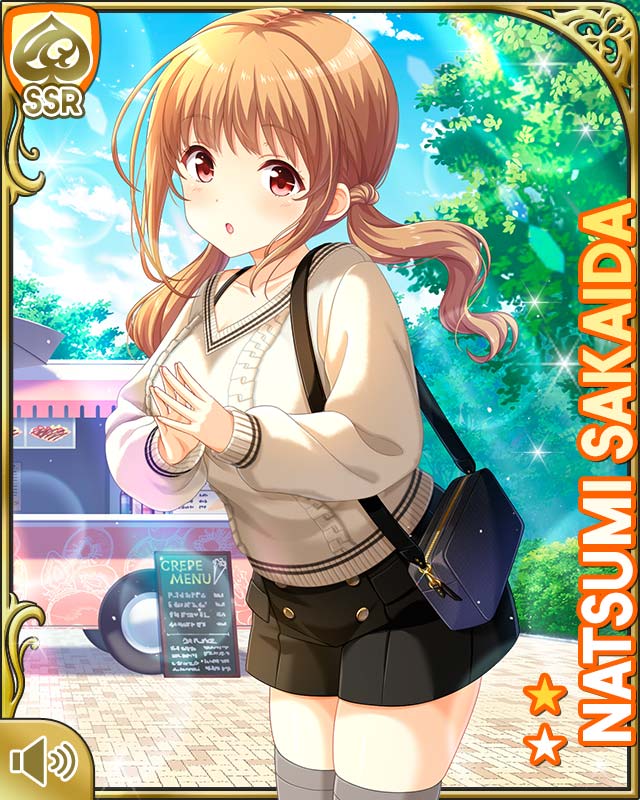 1girl :o bag black_shorts black_thighhighs breasts brown_hair card_(medium) character_name day female_focus food_truck girlfriend_(kari) grey_thighhighs hair_ornament handbag large_breasts long_hair looking_at_viewer official_art open_mouth outdoors pink_scrunchie qp:flapper red_eyes sakaida_natsumi scrunchie shorts solo sparkle standing sweater thighhighs white_sweater