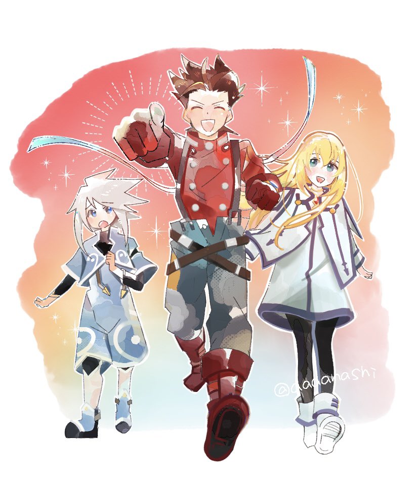 aaaanashi black_leggings black_pants black_undershirt blonde_hair blue_eyes blue_jacket boots brown_hair colette_brunel dress genius_sage jacket leggings lloyd_irving long_sleeves looking_at_another pants red_boots red_shirt shirt suspenders tales_of_(series) tales_of_symphonia walking_towards_viewer white_boots white_dress white_hair white_jacket
