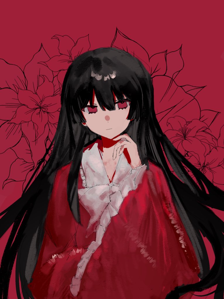 1girl alt_text black_hair blunt_bangs bow bowtie chinese_commentary closed_mouth collared_shirt commentary_request dot_nose expressionless eyelashes floral_background flower frilled_shirt_collar frilled_sleeves frills hair_between_eyes hand_on_own_chin hcrane_hrs hime_cut houraisan_kaguya lily_(flower) long_hair long_sleeves red_background red_eyes red_shirt shirt solo touhou upper_body very_long_hair white_bow white_bowtie wide_sleeves