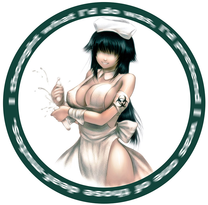 1girl 3886 apron breasts cleavage female_focus ghost_in_the_shell hair_over_eyes large_breasts laughing_man_(gits) motion_blur naked_apron nurse original parody s_zenith_lee smile solo source_request tupet