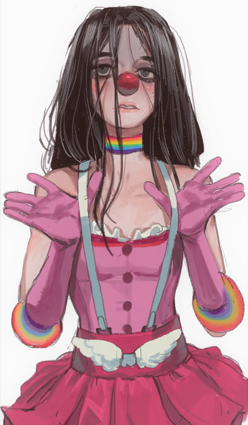 1girl ace_attorney bags_under_eyes black_hair choker clown_nose flat_chest geiru_toneido gloves highres messy_hair mossacannibalis parted_lips phoenix_wright:_ace_attorney_-_spirit_of_justice pink_gloves simple_background solo spoilers suspenders suspenders_pull unworn_wig white_background wig