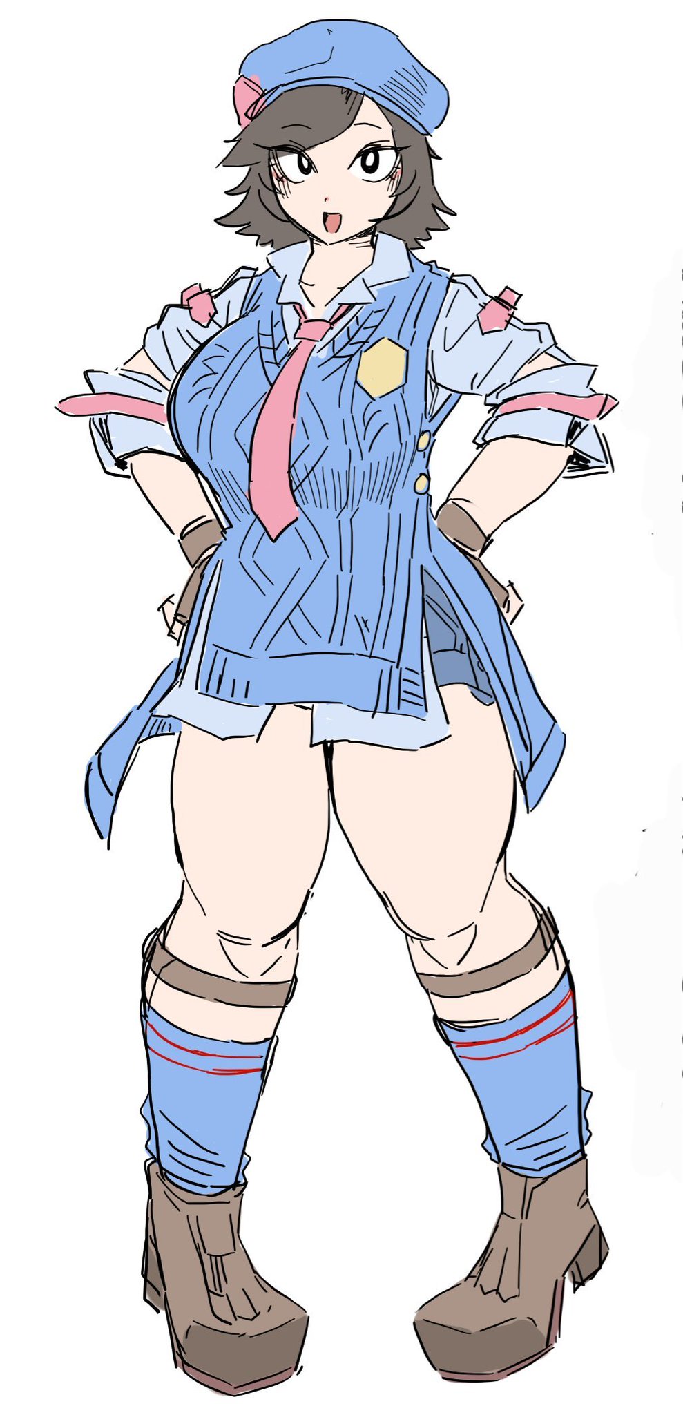 1girl bamman breasts brown_hair gloves hands_on_own_hips hat highres kazama_asuka large_breasts necktie shoes short_hair short_sleeves socks sweater tekken tekken_8 thick_thighs thighs