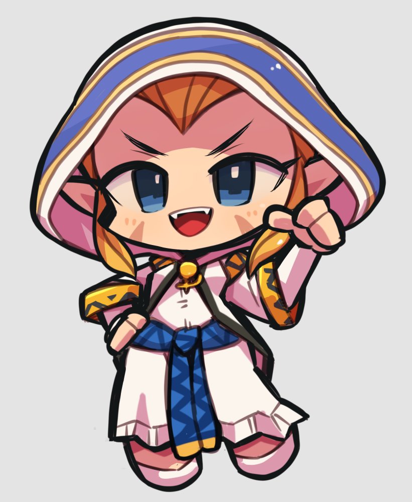 1girl :d blonde_hair blue_eyes chibi cloak dress facial_mark full_body hood hooded_cloak ibara. jessica_de_alkirk long_hair looking_at_viewer lunar:_the_silver_star open_mouth pointy_ears simple_background smile solo standing white_background