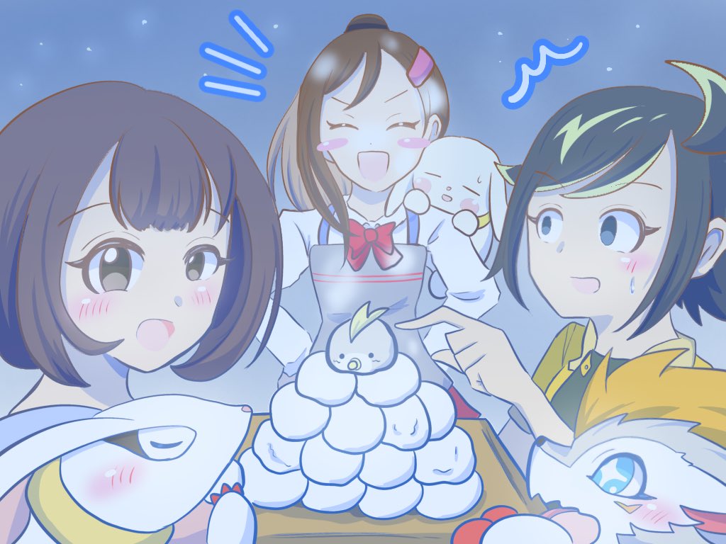 digimon digimon_rearise female_protagonist_(digimon_rearise) food happy herissmon kohinata_mayu kudamon_(digimon_savers) plotmon pusumon ribbon shinjo_michi short_hair smile