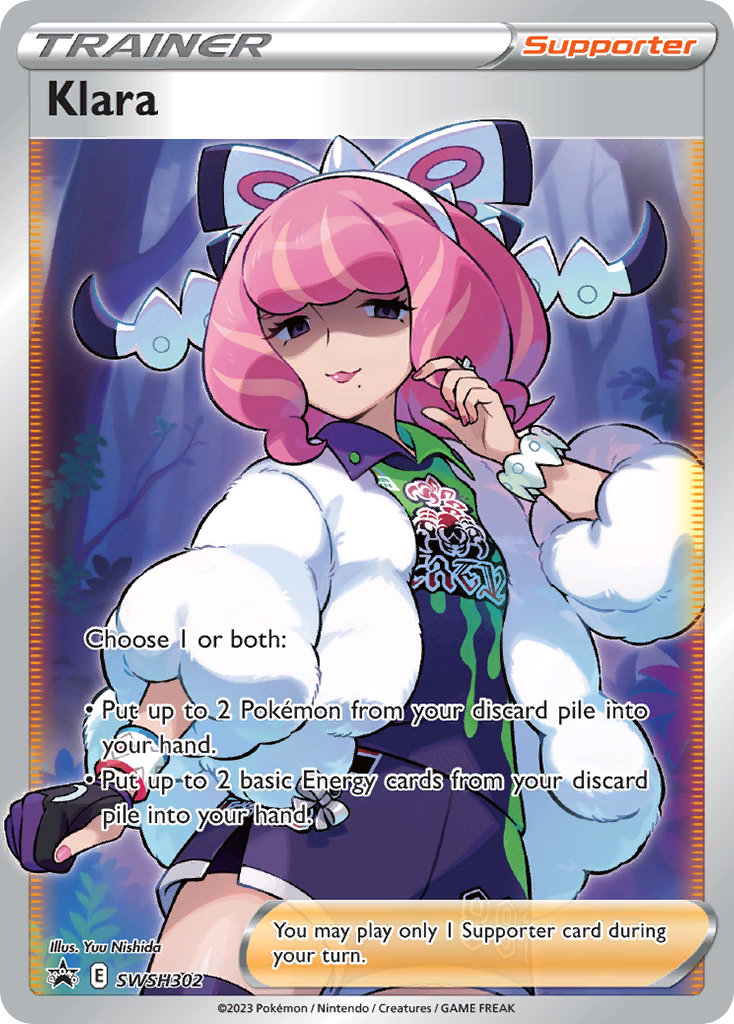 :3 artist_name bow bracelet card_(medium) character_name closed_mouth coat collared_shirt company_name copyright_name copyright_notice cowboy_shot dynamax_band english_text eyelashes hair_bow hairband jewelry klara_(pokemon) long_sleeves medium_hair mole mole_under_mouth nail_polish nintendo nishida_yuu official_art outdoors pink_hair pink_lips pink_nails pokemon pokemon_card pokemon_swsh pokemon_tcg puffy_coat purple_shorts ring shirt shorts smile thighhighs third-party_source trading_card tree two-tone_shirt white_bow white_coat white_hairband