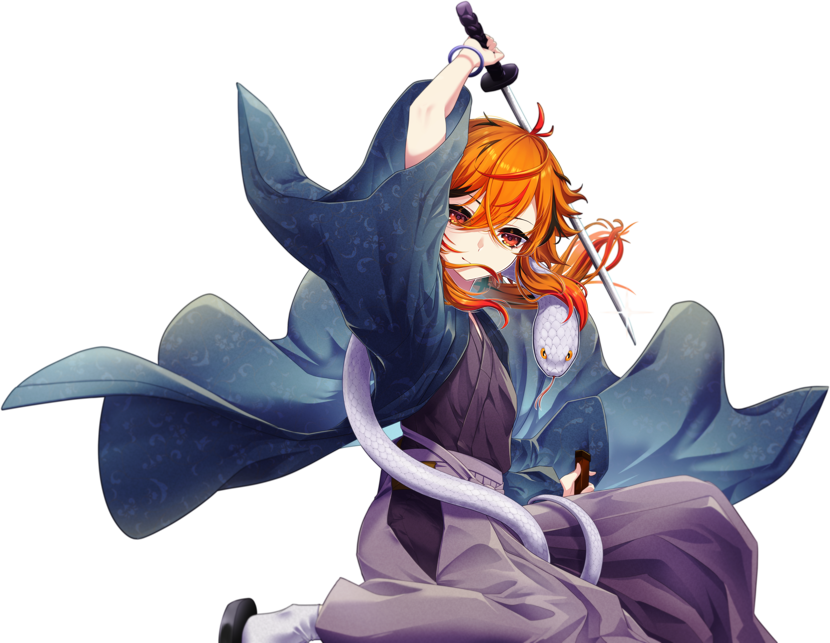 1girl alternate_costume arm_up black_hair black_kimono black_sandals blue_jacket chinese_zodiac closed_mouth feet_out_of_frame grey_pants hair_between_eyes hakama hakama_pants haori highres hip_vent holding holding_sword holding_weapon jacket japanese_clothes katana kazami_kuku kimono long_bangs long_hair multicolored_hair nanashi_inc. orange_eyes orange_hair pants red_hair reona_kfc02 sandals simple_background smile snake socks solo streaked_hair sword transparent_background virtual_youtuber weapon white_snake white_socks year_of_the_snake