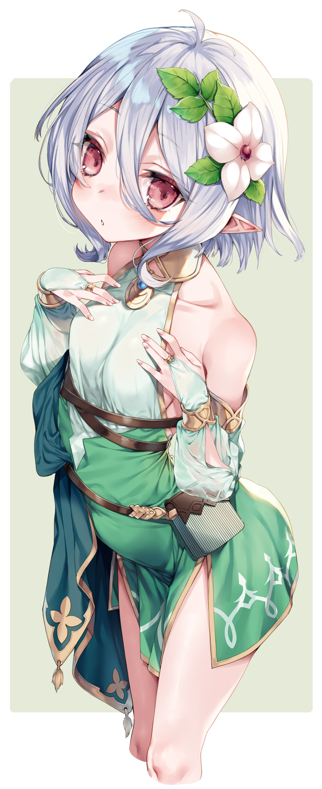 1girl antenna_hair bare_shoulders closed_mouth detached_sleeves dress flower green_background green_dress green_sleeves grey_hair hair_flower hair_ornament highres hime_gyo kokkoro_(princess_connect!) looking_away outside_border pointy_ears princess_connect! red_eyes see-through_clothes short_hair simple_background smile solo