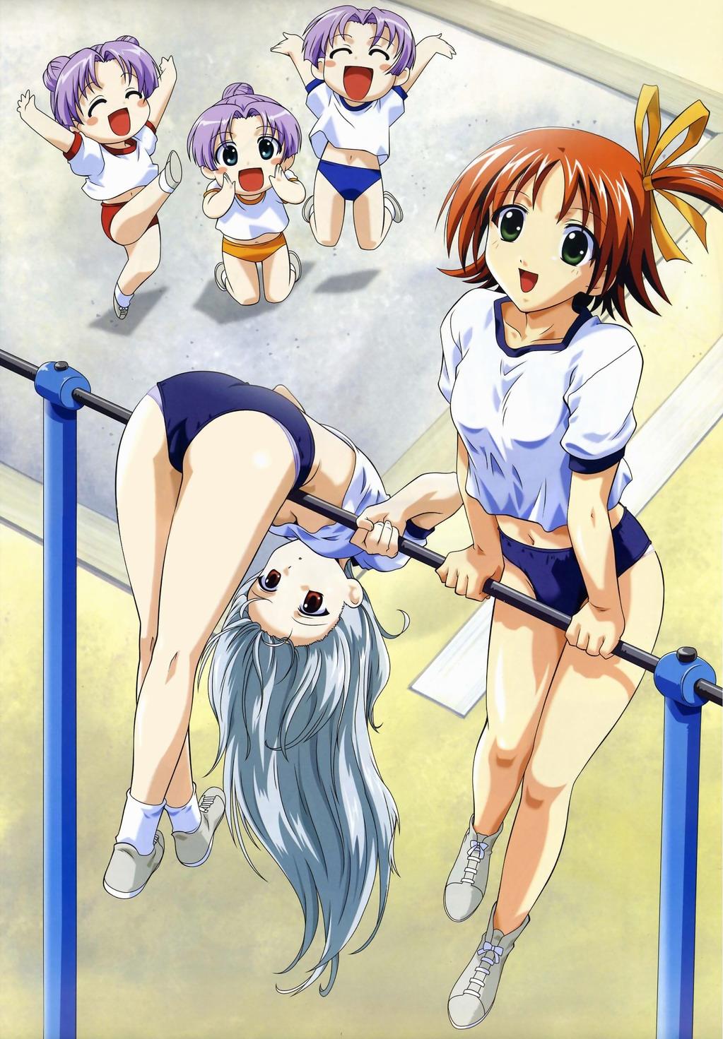 5girls :d ^_^ arms_up ass blue_eyes blue_panties blush_stickers breasts buruma closed_eyes crop_top double_bun green_eyes grey_panties gym_uniform hair_bun hair_ribbon hairline happy highres horizontal_bar jumping kicking kneepits koushi_(lime-iro_senkitan) kuki-sama legs lime-iro_senkitan long_hair medium_breasts megami_magazine midriff multiple_girls navel no_bra no_socks official_art open_mouth orange_hair oushi_(lime-iro_senkitan) outdoors panties panties_under_buruma ponytail purple_hair red_eyes ribbon sanada_momen scan shirt shoes short_hair siblings side_ponytail silver_hair single_hair_bun sisters small_breasts smile sneakers socks soushi sugimoto_isao triplets underboob underwear upside-down very_long_hair watanabe_mayumi white_legwear white_panties white_shirt yellow_buruma