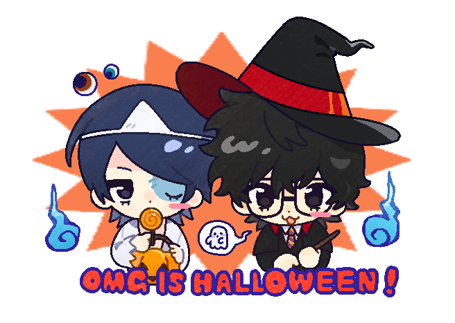 2boys :3 alternate_costume amamiya_ren black_capelet black_eyes black_hair black_hat black_jacket blush_stickers bucket capelet chinese_commentary collared_shirt commentary_request cosplay emitou_fo english_text engrish_text halloween_bucket halloween_costume harry_potter harry_potter_(cosplay) harry_potter_(series) hat hitodama holding holding_bucket holding_wand jacket jaggy_lines kitagawa_yuusuke male_focus multiple_boys necktie open_mouth orange_necktie patchwork_skin persona persona_5 purple_necktie ranguage shirt short_hair single_blush_sticker smile speech_bubble spoken_ghost swept_bangs triangular_headpiece two-tone_necktie wand white_shirt witch_hat wizarding_world