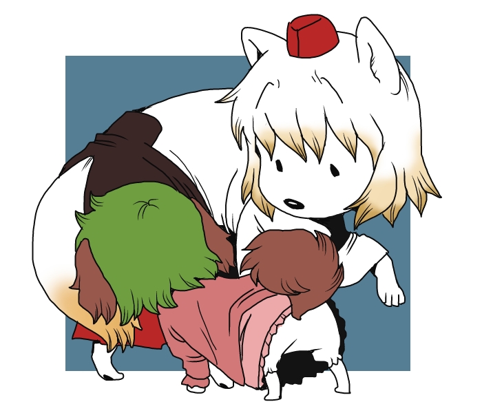 all_fours animal_ears animalization dog dress female_focus green_hair hat inubashiri_momiji inubashiri_momiji_(wolf) kasodani_kyouko kasodani_kyouko_(yamabiko) no_humans onikobe_rin pink_dress shirt short_hair silver_hair skirt smelling smelling_ass tail tokin_hat touhou wolf_ears wolf_tail