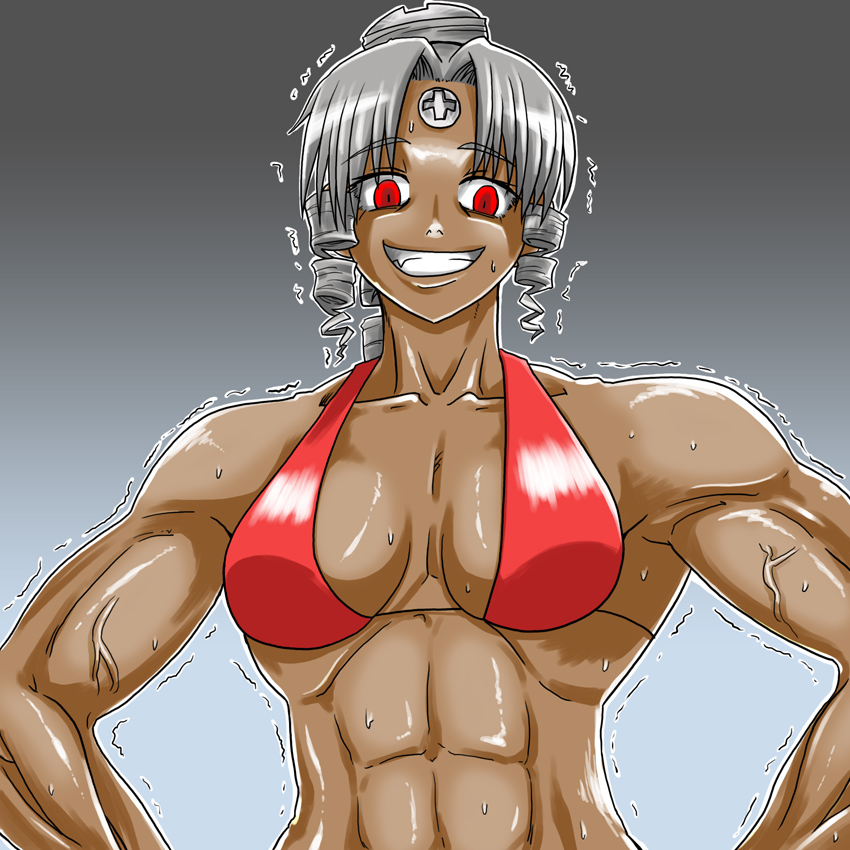 abs bikini crazy_eyes dark_skin drill_hair muscular os-tan personification red_eyes screw smile sorahachi_midoro swimsuit vista-tan vistake