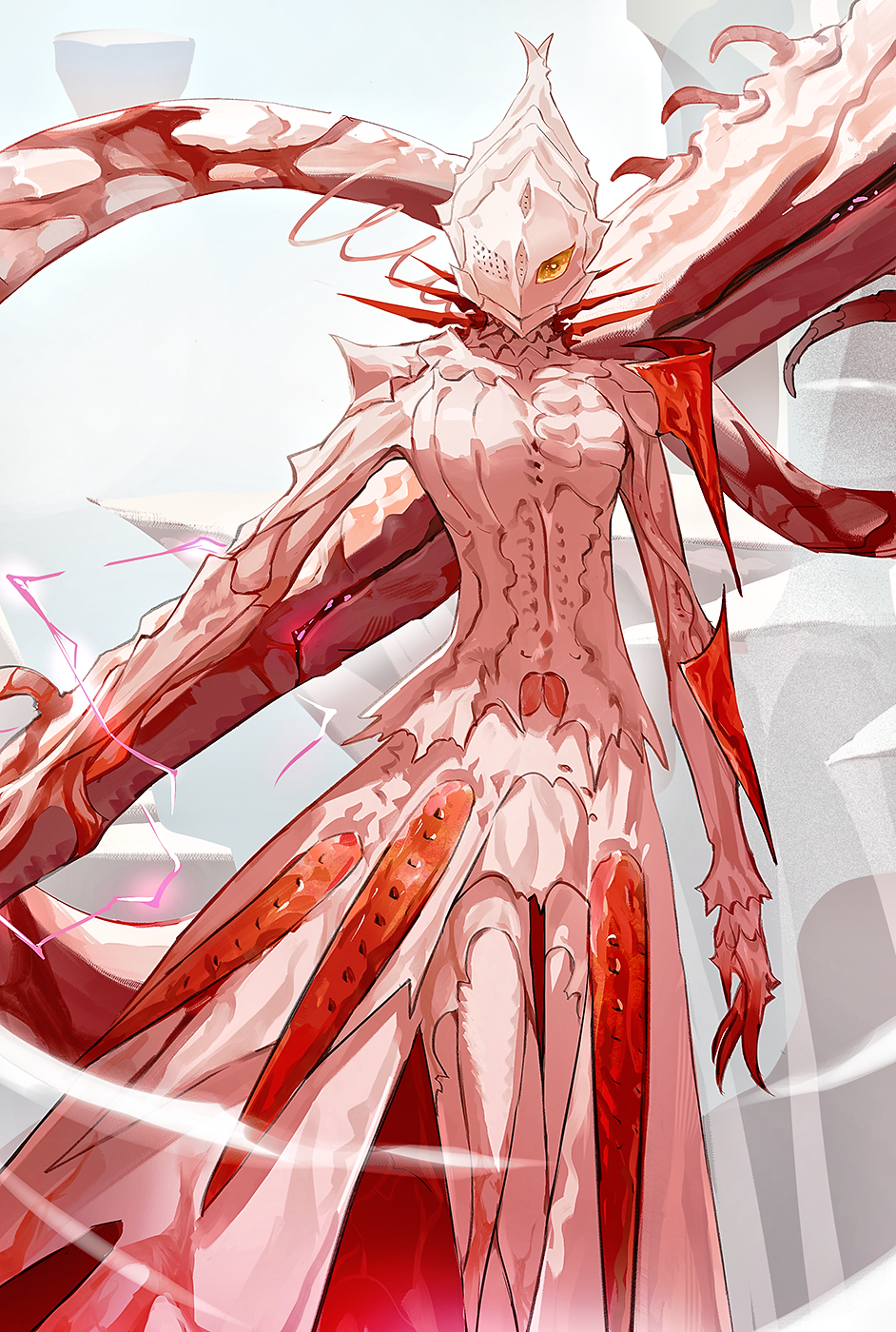 1girl arm_at_side breasts chinese_commentary commentary electricity feet_out_of_frame gauna grey_background highres looking_at_viewer medium_breasts monster_girl one_eye_covered saiko67 science_fiction shiraui_tsumugi sidonia_no_kishi solo spikes standing tail tentacles yellow_eyes