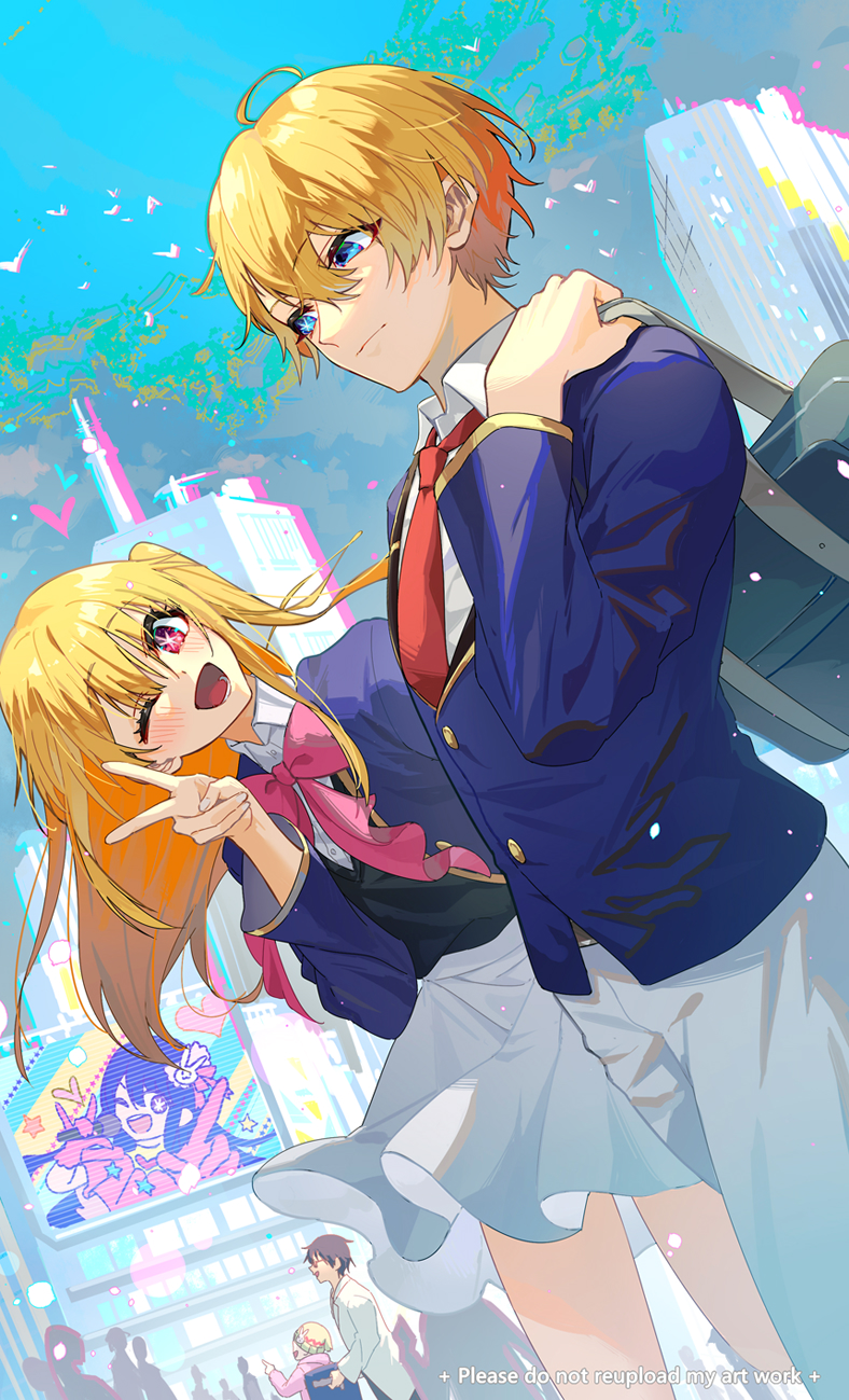2boys 2girls ;d amamiya_gorou bag beanie billboard black_hair black_sweater_vest blonde_hair blue_eyes blue_jacket blush bow bowtie brother_and_sister chinese_commentary closed_mouth coat collared_shirt commentary_request dress_shirt dutch_angle glasses grey_pants grey_skirt hair_between_eyes hat highres hood hoodie hoshino_ai hoshino_aquamarine hoshino_ruby inari_(rabbit292) jacket lab_coat long_hair long_sleeves looking_at_another looking_at_viewer mismatched_pupils multiple_boys multiple_girls necktie one_eye_closed one_side_up open_clothes open_jacket open_mouth oshi_no_ko pants people pink_bow pink_bowtie pink_eyes pink_hoodie pleated_skirt pointing red_necktie school_bag school_uniform shirt short_hair siblings skirt smile star-shaped_pupils star_(symbol) sweater_vest symbol-shaped_pupils teeth tendouji_sarina time_paradox twins v white_coat white_shirt youtou_high_school_uniform