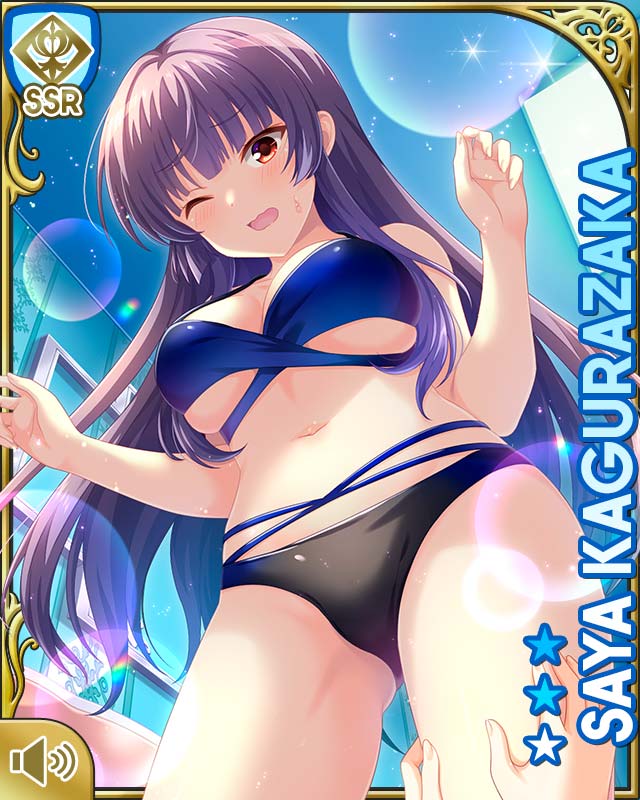 1girl ;o bare_arms bare_legs bed bedroom black_panties card character_name clothing_cutout girlfriend_(kari) indoors kagurazaka_saya long_hair looking_at_viewer midriff navel official_art one_eye_closed open_mouth panties purple_hair qp:flapper red_eyes solo standing table underboob_cutout underwear