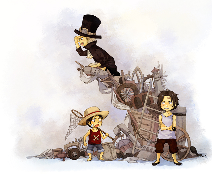 3boys bandaid black_hair brother brothers child crossbones crossed_arms east_blue freckles goggles hat junkyard ladder male_focus monkey_d._luffy multiple_boys net one_piece pile portgas_d._ace sabo_(one_piece) scar siblings sitting standing straw_hat top_hat white_hair aged_down