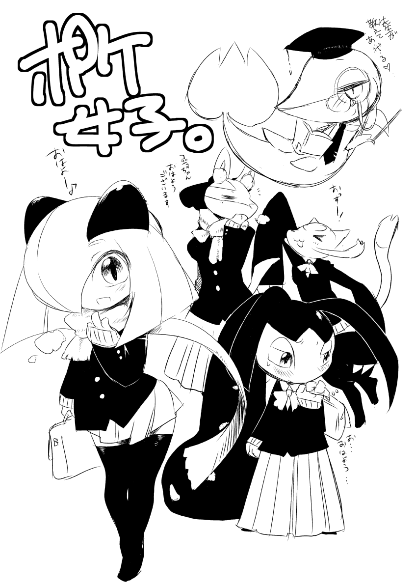 1other 4girls bag black_jacket black_thighhighs blush book furry furry_female gen_3_pokemon gen_4_pokemon gen_5_pokemon greyscale hat holding holding_book horns jacket kirlia lucario mawile mienshao mizone monochrome monocle mortarboard multiple_girls necktie nintendo open_mouth pleated_skirt pokemon pokemon_(creature) scarf school_bag school_uniform sidelocks simple_background skirt smile snivy thighhighs white_background