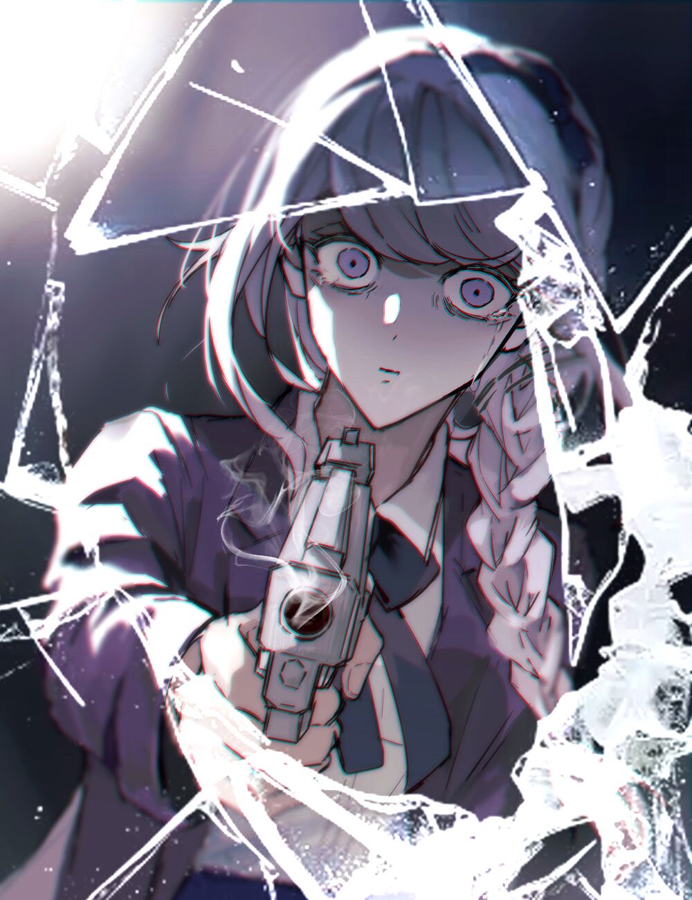 1girl aiming black_background black_bow black_ribbon bow braid braided_ponytail closed_mouth female_focus fingernails gradient_background grey_background gun hair_bow highres holding holding_gun holding_handgun holding_weapon jacket kirifuji_nozomi long_hair looking_at_viewer neck_ribbon pointing_gun_at_viewer purple_eyes purple_jacket ribbon shirt simple_background smoke smoking_barrel solo solo_focus the_hundred_line_-last_defense_academy- upper_body weapon white_hair white_shirt