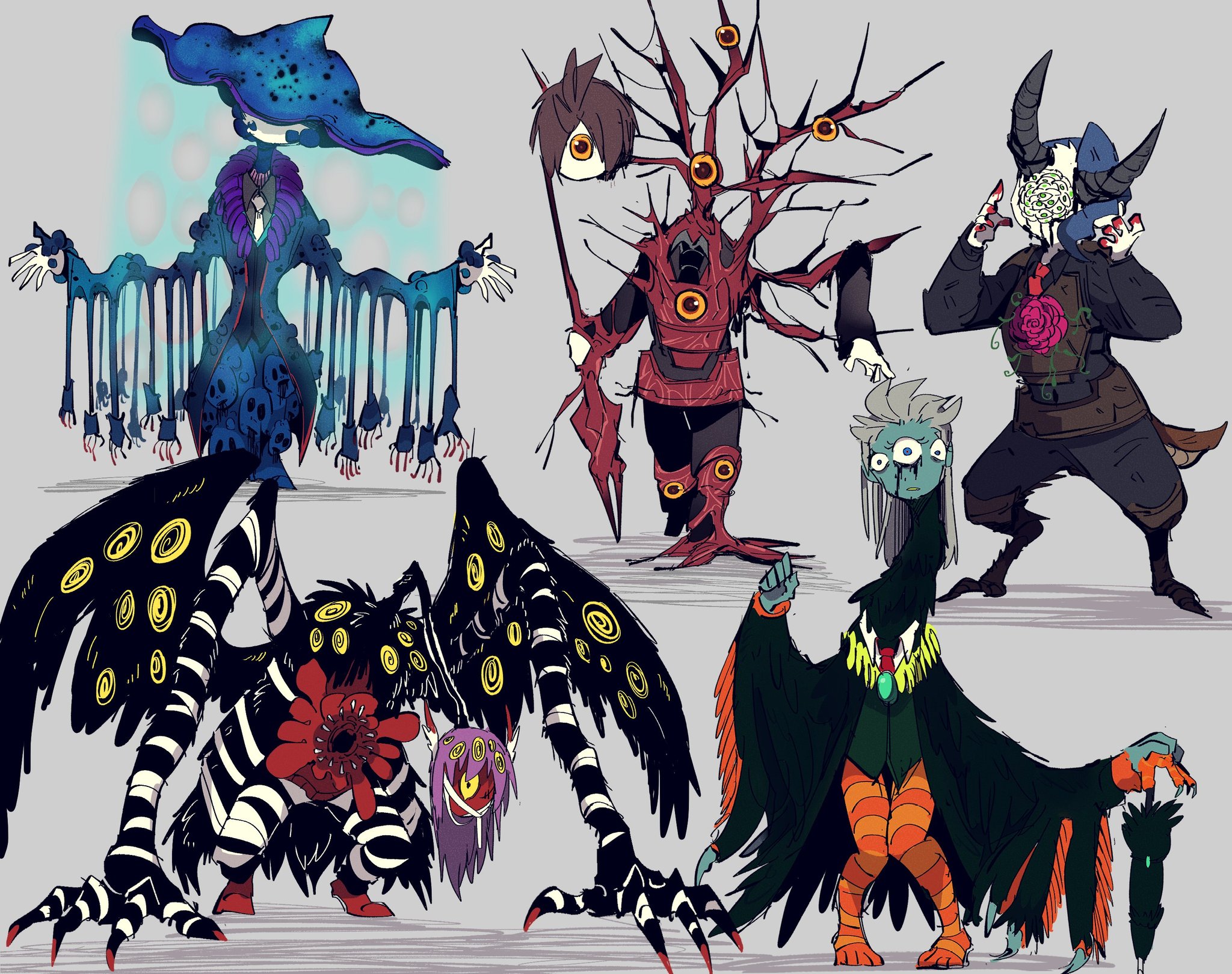 5others apocalypse_bird beauty_and_the_beast_(project_moon) black_blood black_swan_(e.g.o) black_wings blood brown_hair dream_of_a_black_swan e.g.o_(project_moon) employee_(project_moon) extra_eyes full_body grey_background grey_hair heaven_(e.g.o) highres holding holding_polearm holding_weapon horns lobotomy_corporation long_hair looking_at_viewer monster monsterification multiple_others mushroom nugget_(project_moon) polearm project_moon purple_hair sabaage simple_background the_burrowing_heaven the_little_prince_(project_moon) twilight_(e.g.o) weapon wings