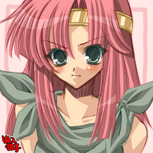 1girl artist_name bare_shoulders closed_mouth collarbone dragon_knight_(elf) gold_headband green_eyes hakoiri_nyanko long_hair looking_at_viewer lowres luna_(dragon_knight) pink_background pink_hair sleeveless solo upper_body v-shaped_eyebrows