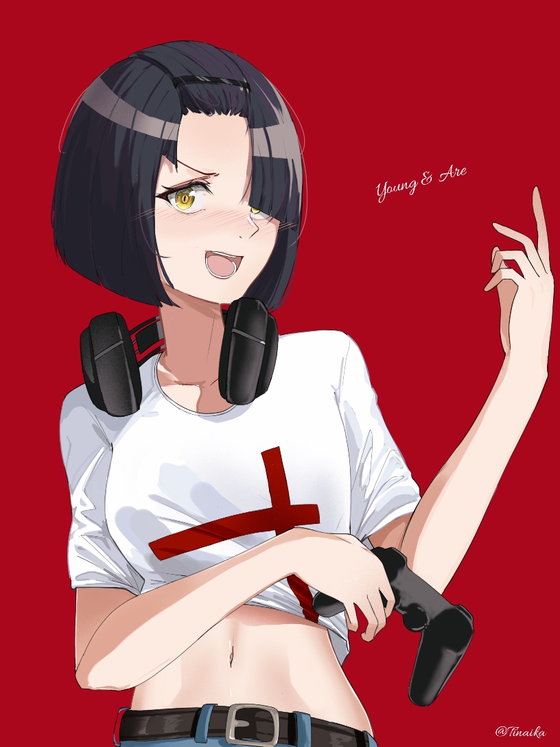 1girl :d artist_name belt black_hair blush bob_cut breasts controller diagonal_bangs game_controller gamepad headset headset_removed holding_controller holding_game_controller komi-san_wa_komyushou_desu medium_breasts midriff nakanaka_omoharu one_eye_covered open_mouth red_background shirt short_hair simple_background smile t-shirt tinaika white_shirt yellow_eyes