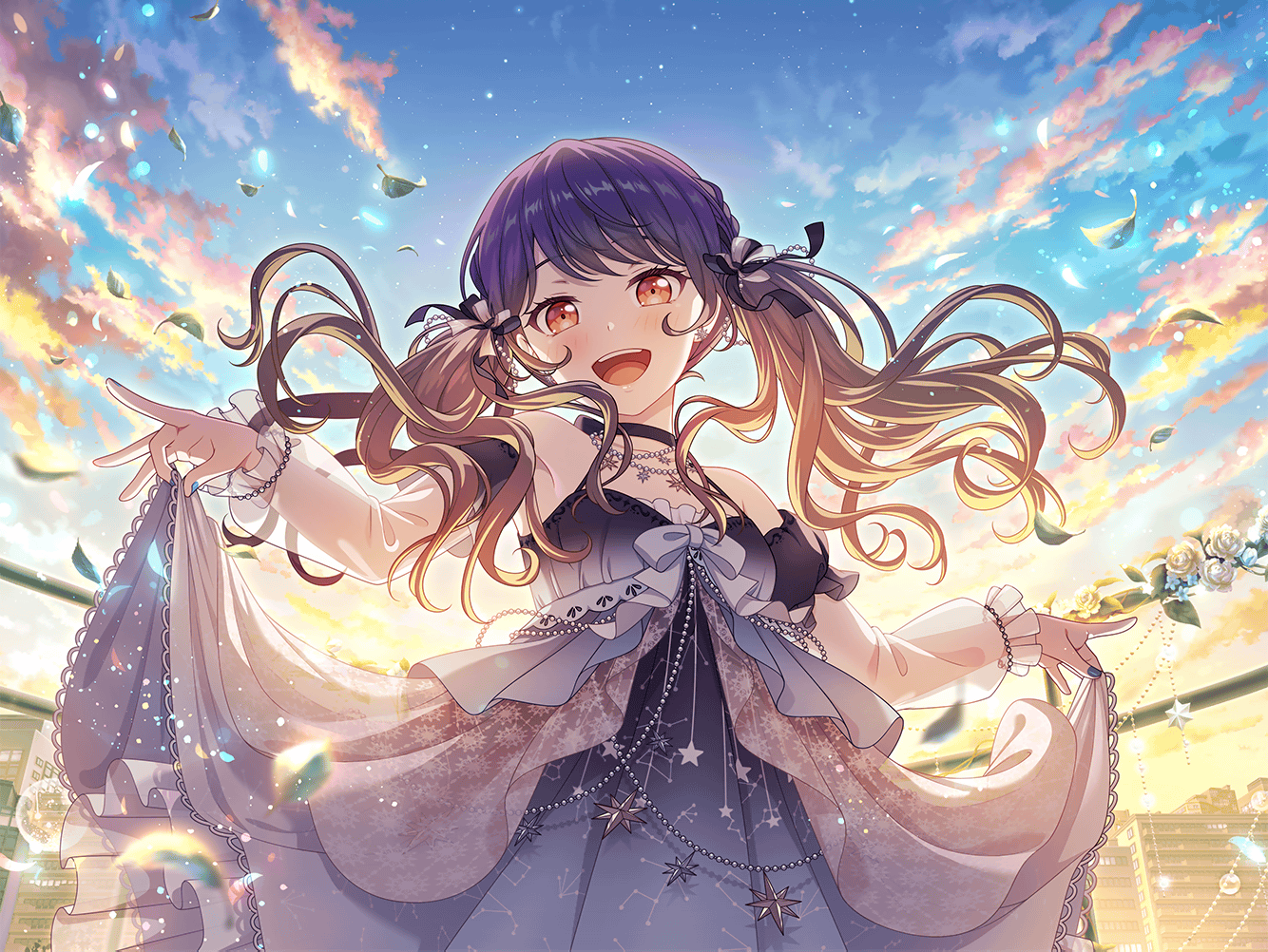 1girl :d aquarius_(constellation) bang_dream! blue_flower blue_nails bow cancer_(constellation) christmas_star cloud cloudy_sky constellation constellation_print detached_sleeves dress falling_leaves floating_hair flower frills from_below futaba_tsukushi gemini_(constellation) gradient_hair hair_ribbon halter_dress halterneck jewelry lace_trim layered_dress leaf leo_(constellation) libra_(constellation) long_sleeves looking_at_viewer low_twintails morning multicolored_hair nail_polish necklace official_art open_mouth orange_hair pearl_necklace pisces_(constellation) puffy_long_sleeves puffy_sleeves purple_dress purple_hair railing ribbon rose scorpius_(constellation) see-through_clothes see-through_sleeves skirt_hold sky smile solo star_(sky) star_(symbol) sun sunrise taurus_(constellation) teeth third-party_source twintails upper_body upper_teeth_only white_flower white_rose wind