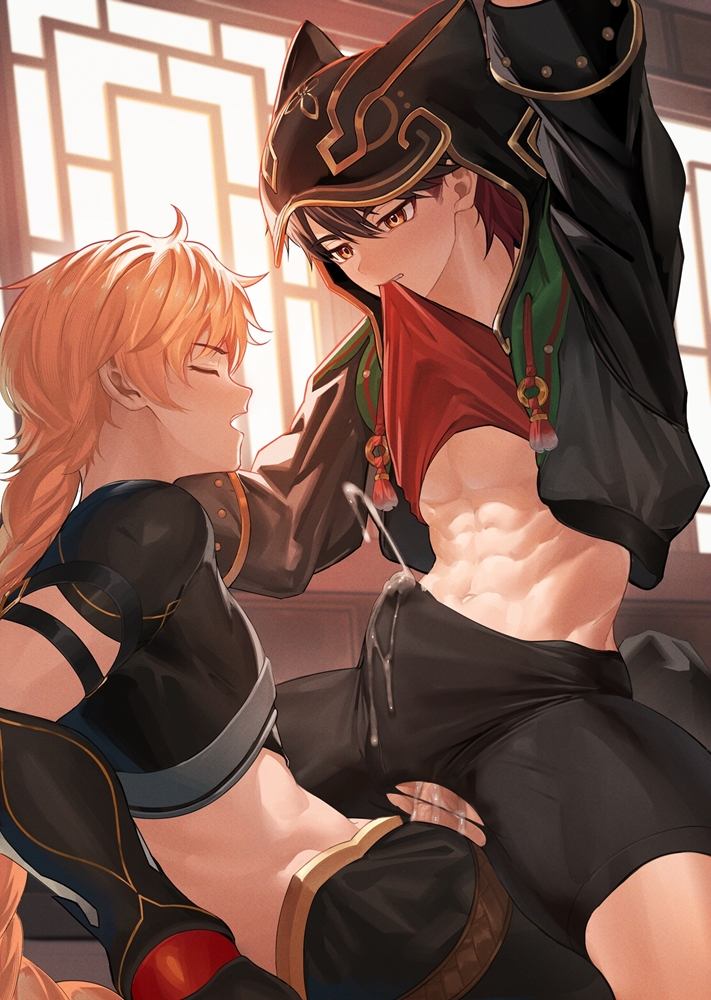 2boys aether_(genshin_impact) ahoge anal black_hood black_jacket black_pants black_shirt black_shorts black_sleeves blonde_hair braid brown_eyes brown_hair closed_eyes clothes_lift crop_top cum cum_in_clothes cum_through_clothes ejaculating_while_penetrated ejaculation ejaculation_under_clothes gaming_(genshin_impact) genshin_impact hair_between_eyes hood hood_up jacket long_hair long_sleeves male_focus midriff mouth_hold multicolored_hair multiple_boys muscular muscular_male navel nayoshi_(r-744) open_mouth pants penis red_hair red_shirt sex shirt shirt_lift shorts stomach tassel yaoi