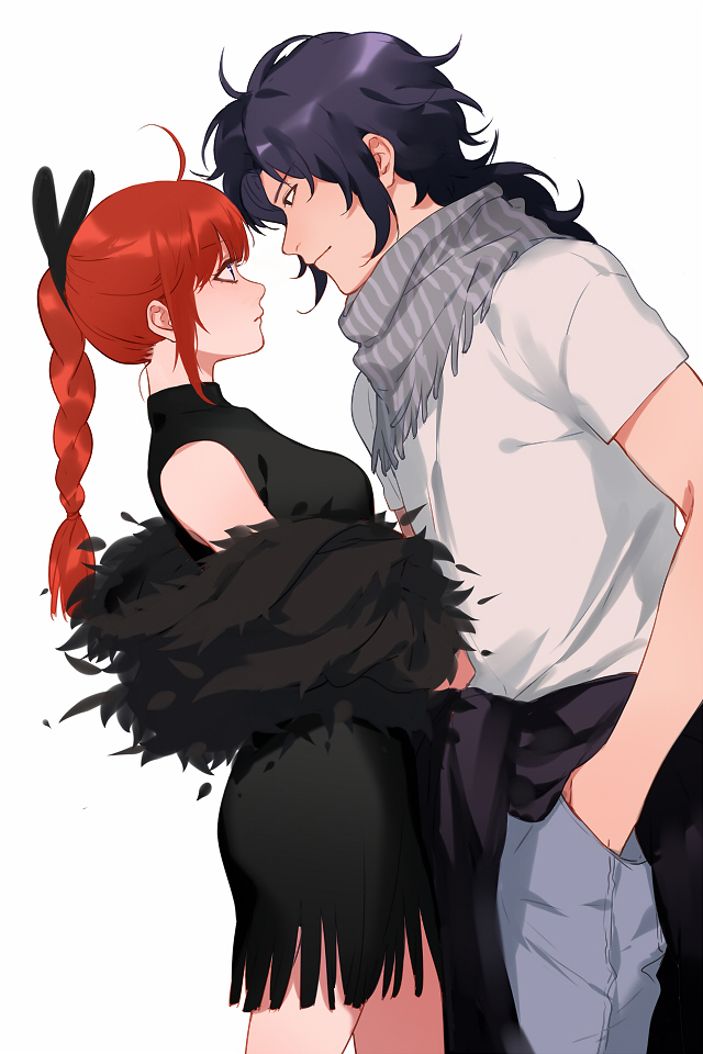 1boy 1girl alternate_costume bare_shoulders black_dress black_hair braid breasts casual closed_mouth clothes_around_waist contemporary couple cowboy_shot dress eye_contact flipped_hair formal_clothes fringe_trim from_side fur-trimmed_shawl fur_trim gintama grey_scarf hand_in_pocket hetero jacket jacket_around_waist kouka_(gintama) leaning_back leaning_forward light_smile long_hair looking_at_another maosen medium_breasts messy_hair profile red_hair scarf shawl shirt short_dress short_sleeves sidelocks simple_background single_braid sleeveless sleeveless_dress turtleneck turtleneck_dress umibouzu_(gintama) white_background white_shirt
