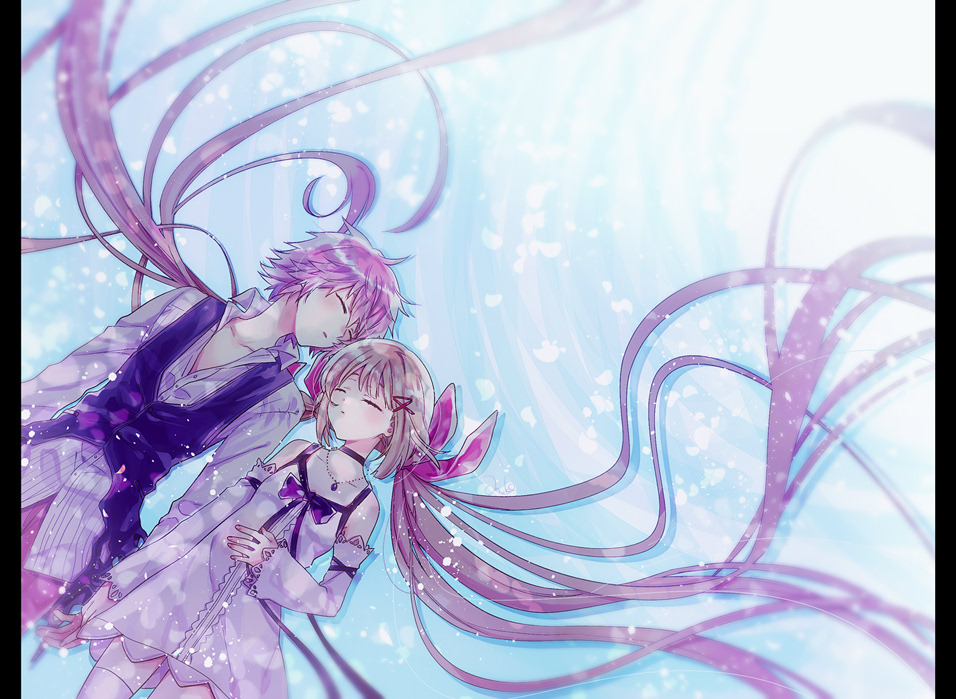 1boy 1girl anoko_(darenokoanoko) black_choker black_vest blue_background brother_and_sister choker closed_eyes collarbone collared_shirt commentary_request detached_sleeves dress flat_chest hair_ribbon holding_hands kingdom_hearts kingdom_hearts_x lauriam long_hair lying orange_hair pants pink_hair pink_pants ribbon shirt siblings sleeping strelitzia_(kingdom_hearts) twintails very_long_hair vest white_dress white_shirt