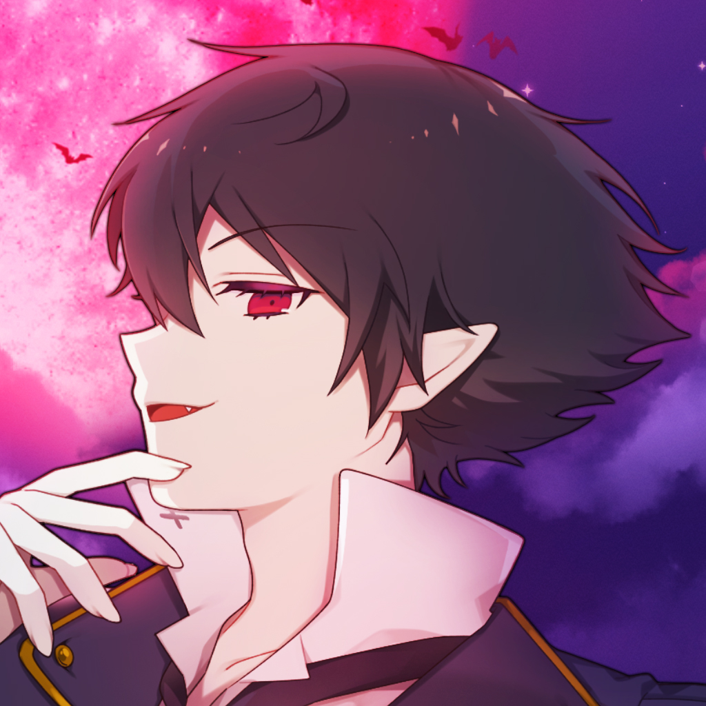 1boy arne_neuntote arne_no_jikenbo bat_(animal) black_hair colored_eyelashes cropped fang hand_up male_focus moon night official_art open_mouth pale_skin pointy_ears red_eyes red_moon short_hair smile solo vampire