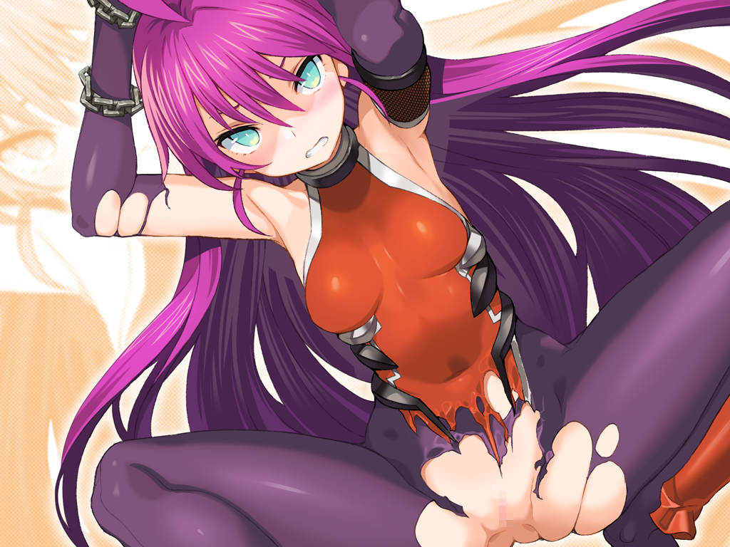 1girl aqua_eyes blush breasts clenched_teeth female_focus game_cg kentou_kanami long_hair looking_at_viewer purple_hair rance_(series) simple_background solo spread_legs squatting teeth torn_clothes zoom_layer