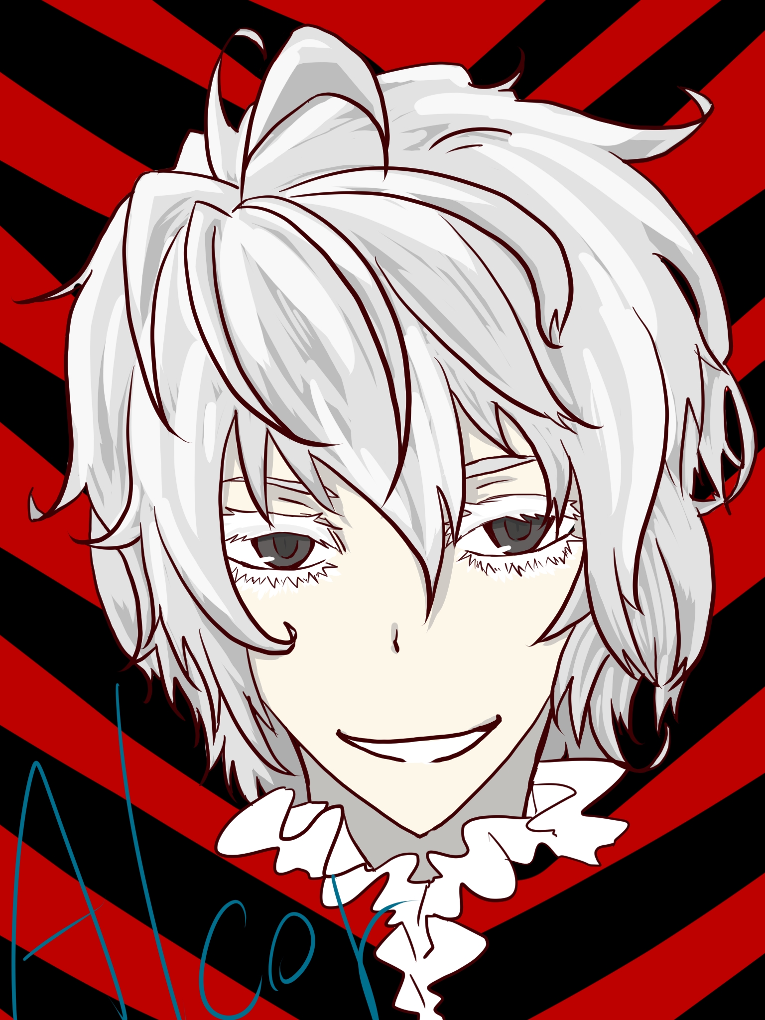 10s 1boy bad_id bad_pixiv_id character_name devil_survivor_(series) devil_survivor_2 eyelashes grey_eyes highres kasujima_(kan&#039;u) male_focus melancholy_man messy_hair popped_collar portrait smile solo spoilers white_hair