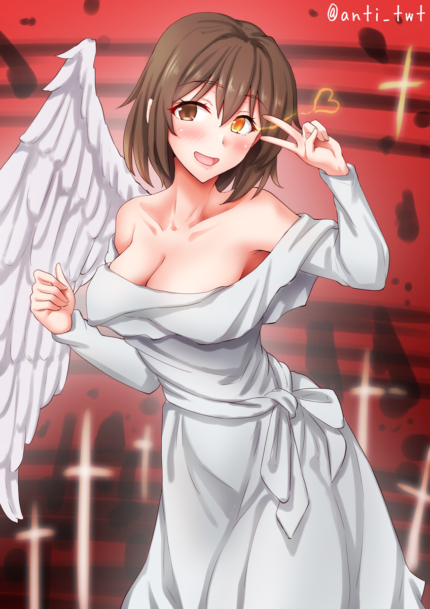 1girl angel angel_wings anti_(untea9) breasts brown_hair camael_(megami_tensei) cleavage dress furutaka_(kancolle) glowing glowing_eye hair_ornament highres kantai_collection large_breasts looking_at_viewer multiple_wings red_background seraph shin_megami_tensei shin_megami_tensei_ii short_hair single_wing solo twitter_username white_dress wings yellow_eyes