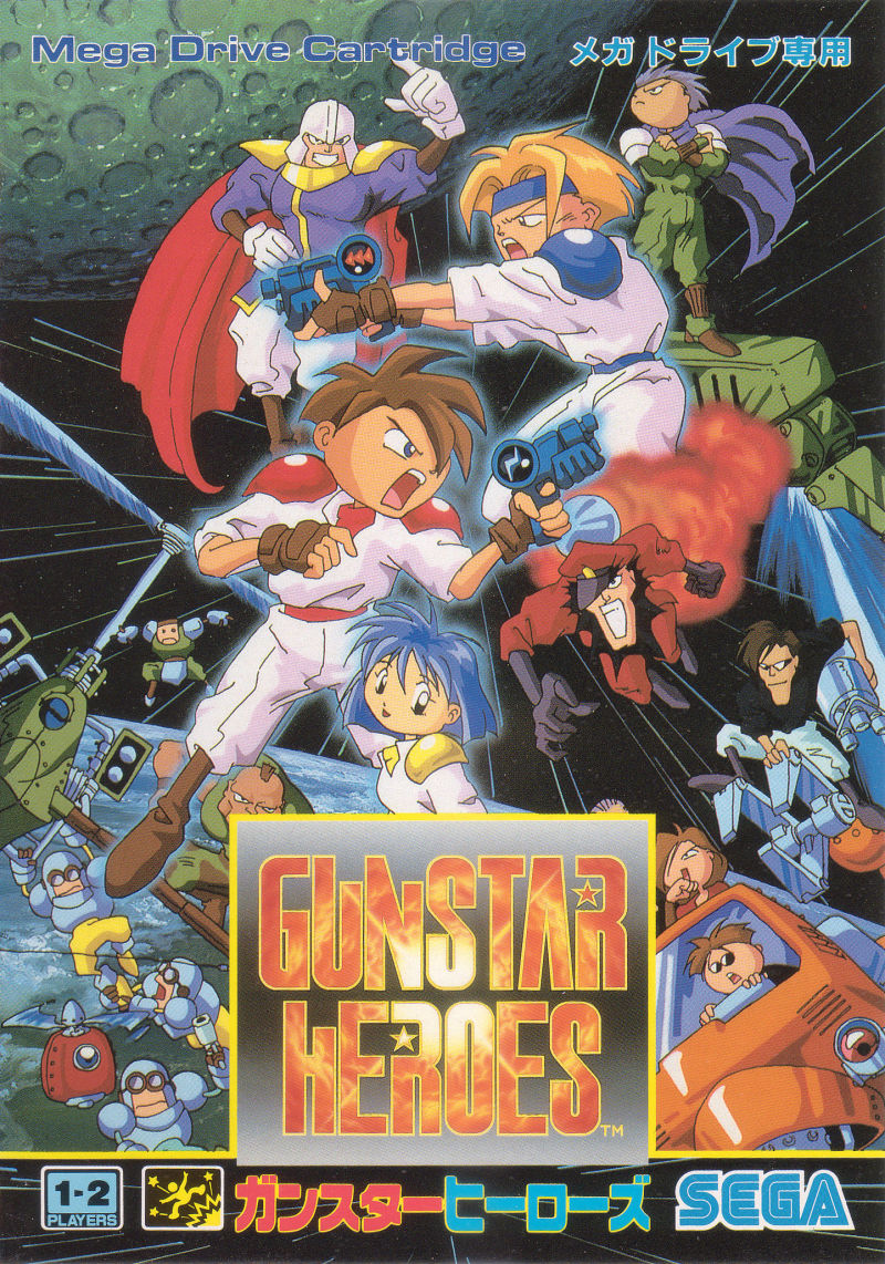 1990s_(style) 2girls aiming aircraft angry bandana belt blonde_hair blue_hair body_armor boots brown_hair cape character_request cockpit cover drone earth_(planet) energy_gun everyone explosion fingerless_gloves fire game_console video_game_cover gloves green_(gunstar_heroes) gunstar_blue gunstar_heroes gunstar_red gunstar_yellow hat helmet logo mecha moon multiple_boys multiple_girls official_art official_style orange_(gunstar_heroes) pink_(gunstar_heroes) planet propeller ray_gun retro_artstyle robot scan sega sega_mega_drive shoulder_pads smash_daisaku_(character) soldier spiked_hair tagme traditional_media translation_request treasure_(developer) uniform video_game walker_(robot) weapon yellow_(gunstar_heroes)