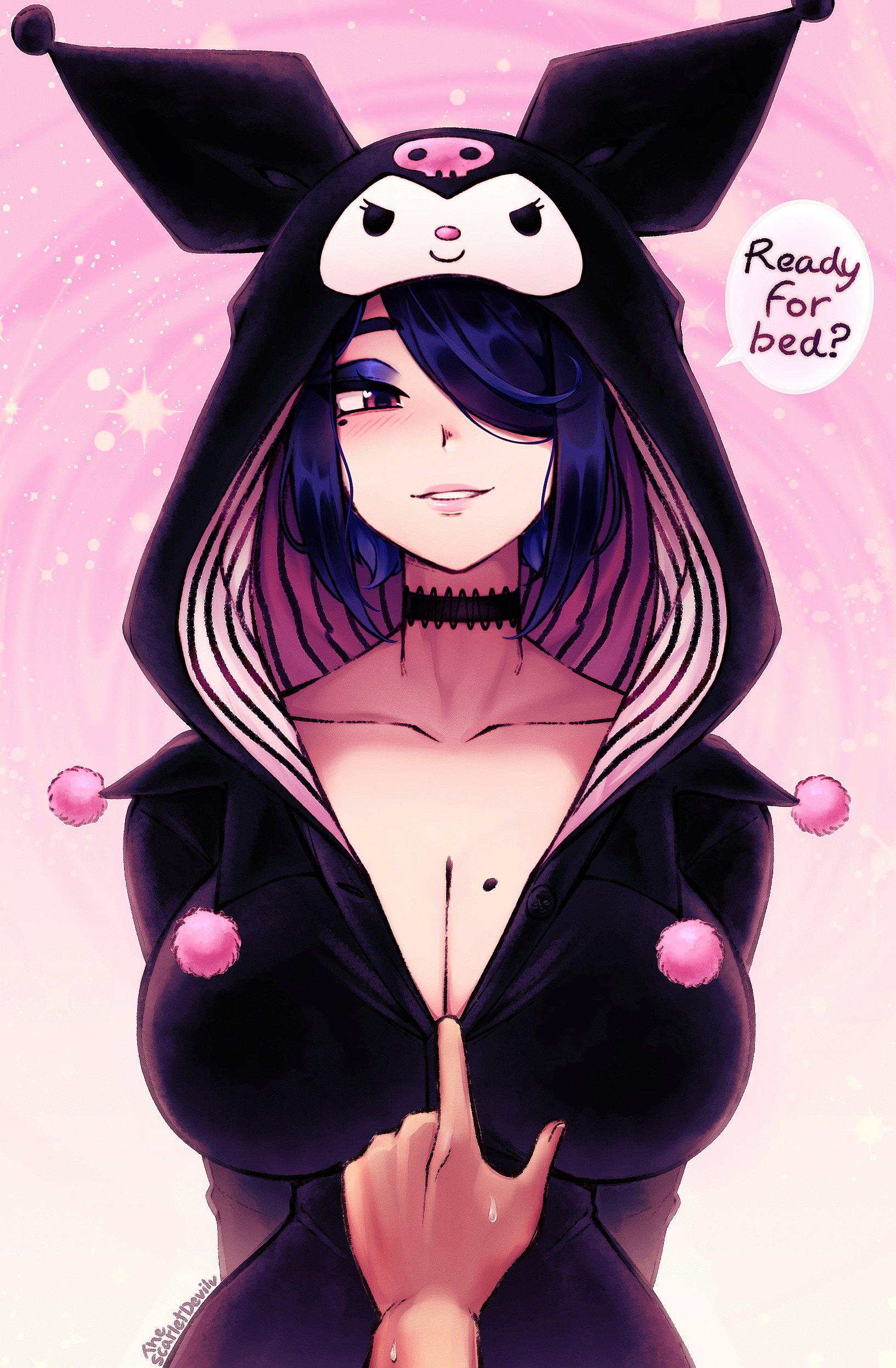 1boy 1girl absurdres arms_behind_back breasts character_hood choker cleavage cleavage_reach ear_piercing earrings eyeshadow hair_over_one_eye highres jewelry kuromi lace lace_choker large_breasts makeup mole mole_on_breast original parted_lips piercing pom_pom_(clothes) sanrio sidelocks sparkle_background the_scarlet_devil upper_body vivienne_(the_scarlet_devil)