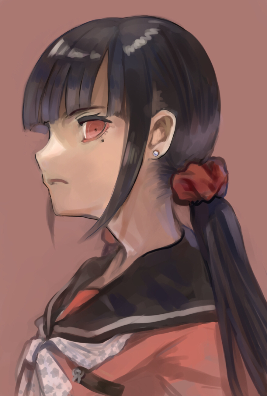1girl black_hair black_sailor_collar blunt_bangs bow closed_mouth danganronpa_(series) danganronpa_v3:_killing_harmony earrings from_side frown hair_ornament hair_scrunchie harukawa_maki highres jewelry long_hair looking_at_viewer looking_to_the_side low_twintails mai_yukari mole mole_under_eye profile red_background red_eyes red_scrunchie red_shirt sailor_collar scrunchie shirt solo twintails upper_body