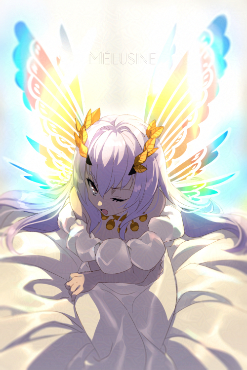 1girl aurora_(fate) aurora_(fate)_(cosplay) bare_shoulders breasts character_name cosplay dress echo_(circa) fairy_wings fate/grand_order fate_(series) forked_eyebrows jewelry laurel_crown long_hair looking_at_viewer melusine_(fate) necklace off_shoulder one_eye_closed open_mouth sidelocks small_breasts solo white_dress white_hair wings yellow_eyes