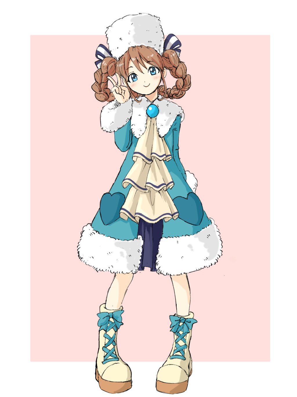 1girl anastasia_(shadow_hearts) aruze blue_eyes braid brown_hair closed_mouth dress full_body fur_trim hat highres kajino_(aosansai) looking_at_viewer shadow_hearts_ii short_hair simple_background skirt smile twin_braids v