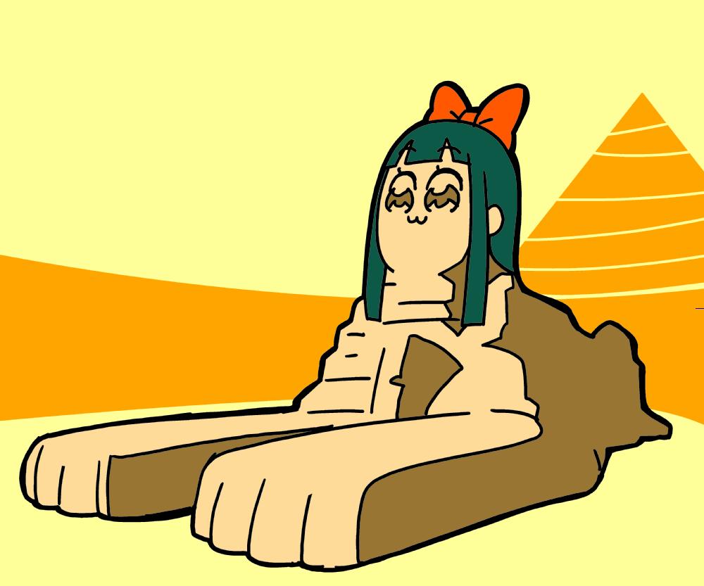 10s 1girl :3 bkub bow female_focus great_pyramid_of_giza hair_bow long_hair pipimi poptepipic pyramid pyramid_(structure) solo sphinx sphinx_of_giza yellow_background