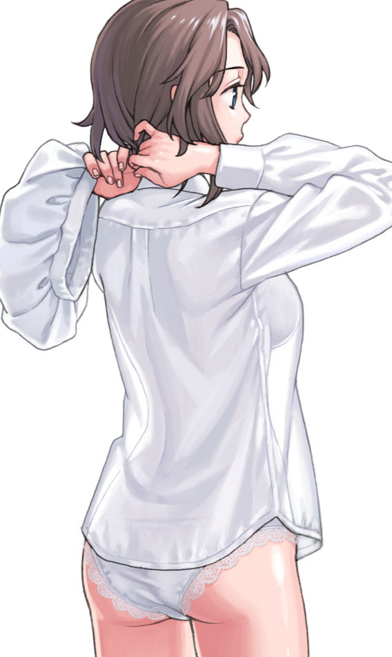 1girl ass blue_eyes breasts brown_hair collared_shirt dress_shirt dressing from_behind hat ito_fumi lace lace-trimmed_panties lace_trim long_sleeves medium_breasts panties shannon_(umineko) shirt short_hair simple_background solo standing umineko_no_naku_koro_ni underwear unworn_hat unworn_headwear upper_body wavy_hair white_panties white_shirt
