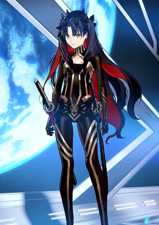 1girl arms_at_sides black_bodysuit black_bow black_hair black_horns bodysuit bow breasts cleavage_cutout closed_mouth clothing_cutout colored_inner_hair covered_navel curtained_hair expressionless fate/grand_order fate_(series) feet_out_of_frame game_cg grey_eyes hair_bow horns ishtar_(fate) katana legs_apart long_hair looking_at_viewer morii_shizuki multicolored_hair multiple_horns official_art planet red_hair sheath sheathed small_breasts solo space_ishtar_(fate) space_ishtar_(first_ascension)_(fate) standing sword third-party_source turtleneck two-tone_hair two_side_up very_long_hair weapon