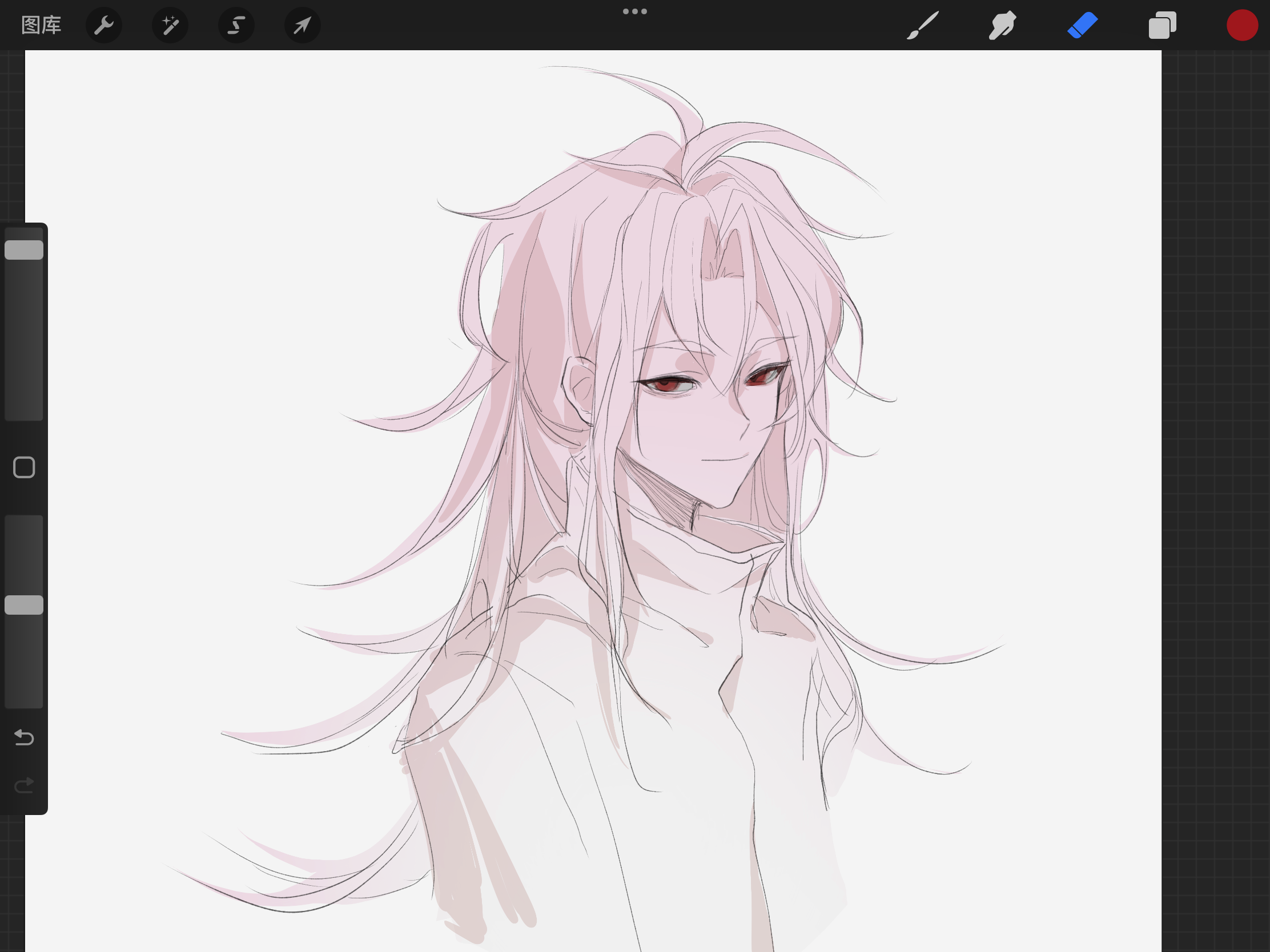 1boy antenna_hair art_program_in_frame c8h11o2n chinese_commentary closed_mouth commentary_request hatsutori_hajime highres jacket long_hair long_sleeves male_focus parted_bangs pink_hair procreate_(medium) procreate_(software) red_eyes saibou_shinkyoku simple_background smile solo upper_body variant_set white_background white_jacket
