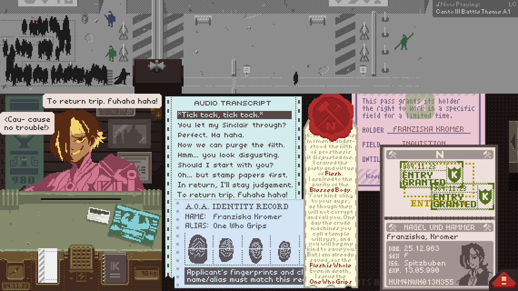 1girl armor character_name english_text fake_screenshot from_the_moment_i_understood_the_weakness_of_my_flesh_(meme) gameplay_mechanics hair_over_one_eye highres kromer_(project_moon) limbus_company looking_at_viewer medium_hair meme papers_please passport project_moon redm0e road smile warhammer_40k