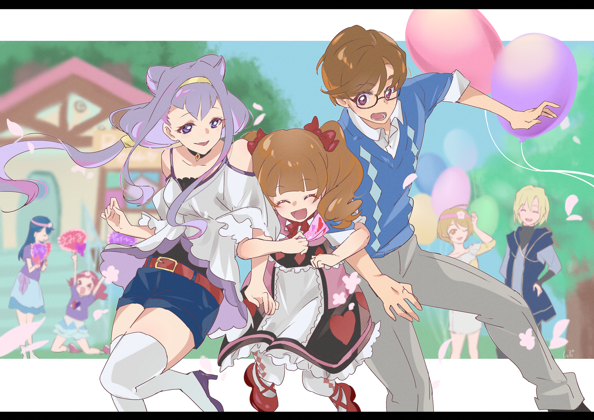 &gt;_&lt; 2boys 5girls ^_^ aisaki_emiru aisaki_masato apron argyle_clothes argyle_pantyhose argyle_sweater balloon bare_shoulders belt belt_buckle black-framed_eyewear black_choker black_dress black_shirt black_shoes blonde_hair blue_jacket blue_shirt blue_skirt blue_sweater blunt_bangs border bow brother_and_sister brown_belt brown_eyes brown_hair buckle choker closed_eyes clothing_cutout collarbone collared_shirt cone_hair_bun cross-laced_shoes denim denim_skirt double_bun dress eyelashes floating_clothes floating_hair flower frilled_apron frilled_dress frilled_skirt frilled_sleeves frills glasses gold_buckle grey_hair grey_pants hair_between_eyes hair_bow hair_bun hair_flower hair_ornament hair_tubes hairband hand_on_own_head hand_on_own_hip happy harryham_harry harryham_harry_(human) headband heart heart_print height_difference high_heels highres holding holding_sign holding_ticket hood hood_down hooded_jacket house hugtto!_precure jacket kagayaki_homare kneeling layered_shirt layered_sleeves letterboxed locked_arms long_hair long_sidelocks long_sleeves low_ponytail mary_janes medium_dress medium_hair miniskirt multiple_boys multiple_girls nono_hana open_clothes open_jacket open_mouth outside_border pants pantyhose parted_bangs petals pink_hair pink_headband pink_shoes ponytail precure purple_eyes purple_hair purple_shirt purple_shoes red_bow red_shoes ruru_amour shipu_(gassyumaron) shirt shirt_under_sweater shoes short_dress short_hair shoulder_cutout siblings sidelocks sign signature single_hair_tube skirt sleeve_cuffs sleeveless sleeveless_jacket smile sneakers surprised sweater t-shirt thighhighs three-quarter_sleeves ticket turtleneck turtleneck_shirt twintails very_long_hair waist_apron wavy_hair white_apron white_border white_flower white_pantyhose white_shirt white_thighhighs yakushiji_saaya yellow_hairband