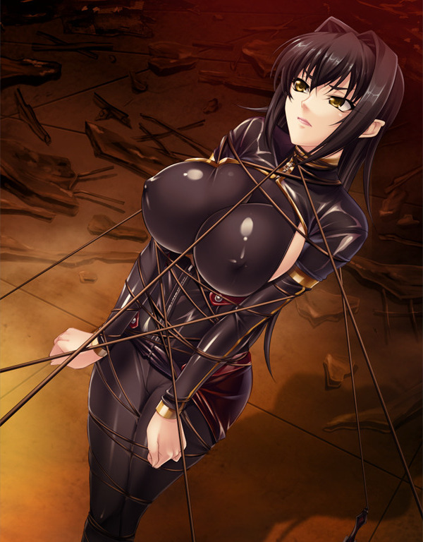 &gt;:| 1girl :| annerose_vajra annoyed bdsm black_bodysuit black_hair bodysuit bondage bound bound_arms bound_legs breasts clenched_hands closed_mouth covered_erect_nipples debris dutch_angle female_focus game_cg hair_between_eyes hair_intakes impossible_bodysuit impossible_clothes kagami_hirotaka koutetsu_no_majo_annerose koutetsu_no_majo_anneroze large_breasts legs_together lipstick long_hair looking_to_the_side makeup pink_lips pointy_ears restrained shadow shiny_clothes sideboob skin_tight solo standing tile_floor tiles v-shaped_eyebrows yellow_eyes zipper