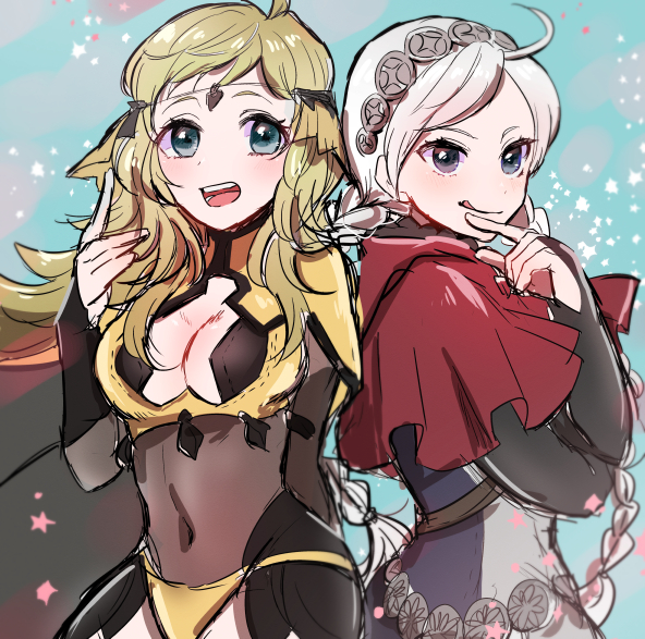 2girls ahoge blonde_hair bodystocking braid breasts buttons capelet covered_navel fire_emblem fire_emblem_fates hairband hood hooded_capelet hoshigaki_(hsa16g) leather licking_lips low_twin_braids medium_breasts multiple_girls nina_(fire_emblem) nintendo open_mouth ophelia_(fire_emblem) parted_bangs red_capelet swept_bangs teeth tongue tongue_out turtleneck twin_braids upper_teeth_only white_hair
