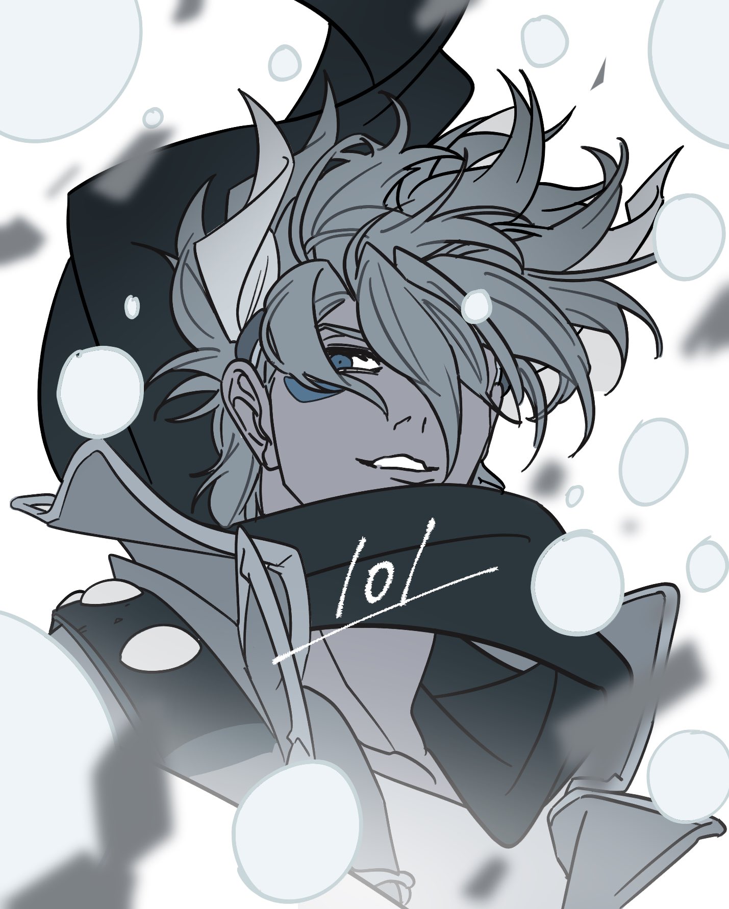 1boy alternate_color alternate_eye_color alternate_hair_color battle_tendency birthday black_scarf blue_eyes blurry blurry_foreground caesar_anthonio_zeppeli commentary eyebrows_hidden_by_hair facial_mark feather_hair_ornament feathers floating_hair floating_scarf grey_hair grey_jacket feather_hair_ornament highres jacket jojo_no_kimyou_na_bouken male_focus no_headband sakaikurinea scarf short_hair smile solo
