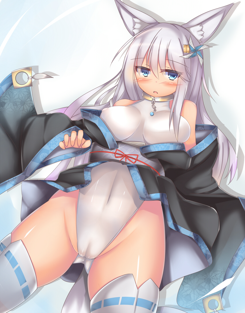 1girl blue_eyes breasts cameltoe fox_girl highleg highleg_leotard kutan leotard mizuki_(kutan) white_hair white_leotard