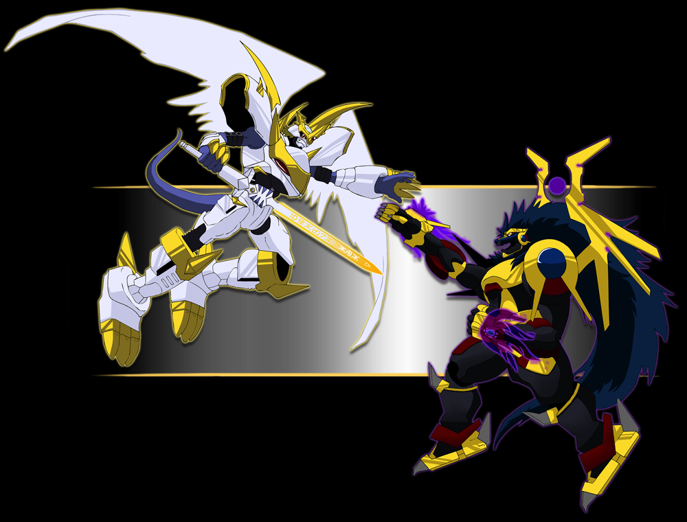 apollomon apollomon_whispered armor digimon dragon imperialdramon imperialdramon_paladin_mode lion long_hair wings