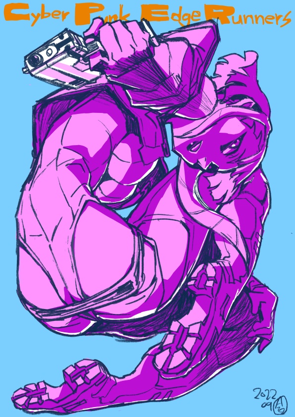 1girl breasts cd_projekt_red copyright_name cyberpunk_(series) cyberpunk_2077 cyberpunk:_edgerunners gun holding holding_gun holding_weapon imaishi_hiroyuki looking_at_viewer lucy_(cyberpunk) medium_breasts official_art open_mouth short_hair signature simple_background solo trigger_(company) weapon